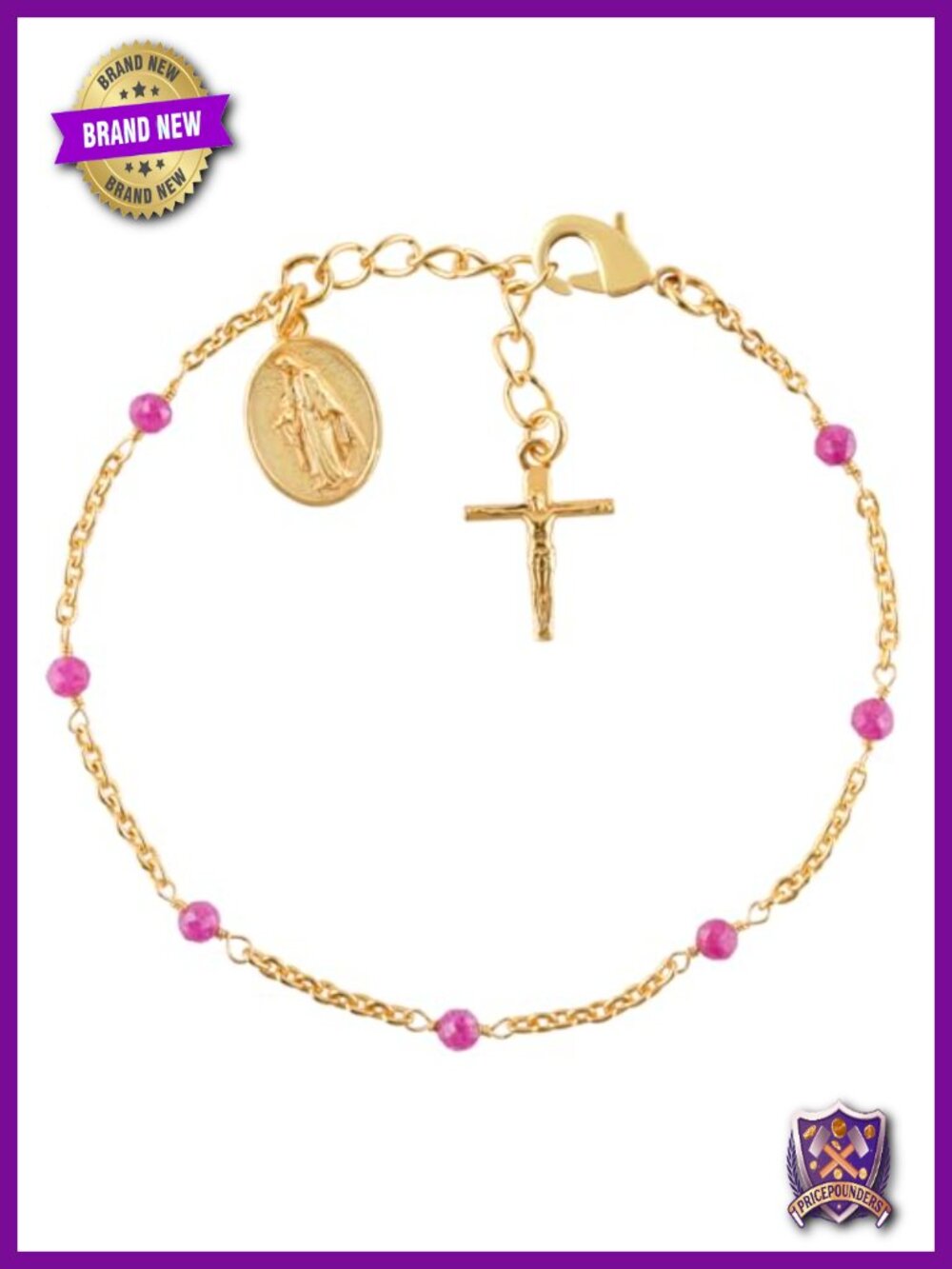18K Gold Plated Ruby Gemstone Rosary Bracelet Women Cross Virgin Mary Charm